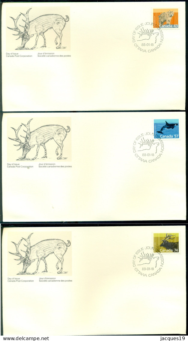 Canada 1988 FDC's (3) Mammals Scott 1170, 1173 And 1177 - 1981-1990