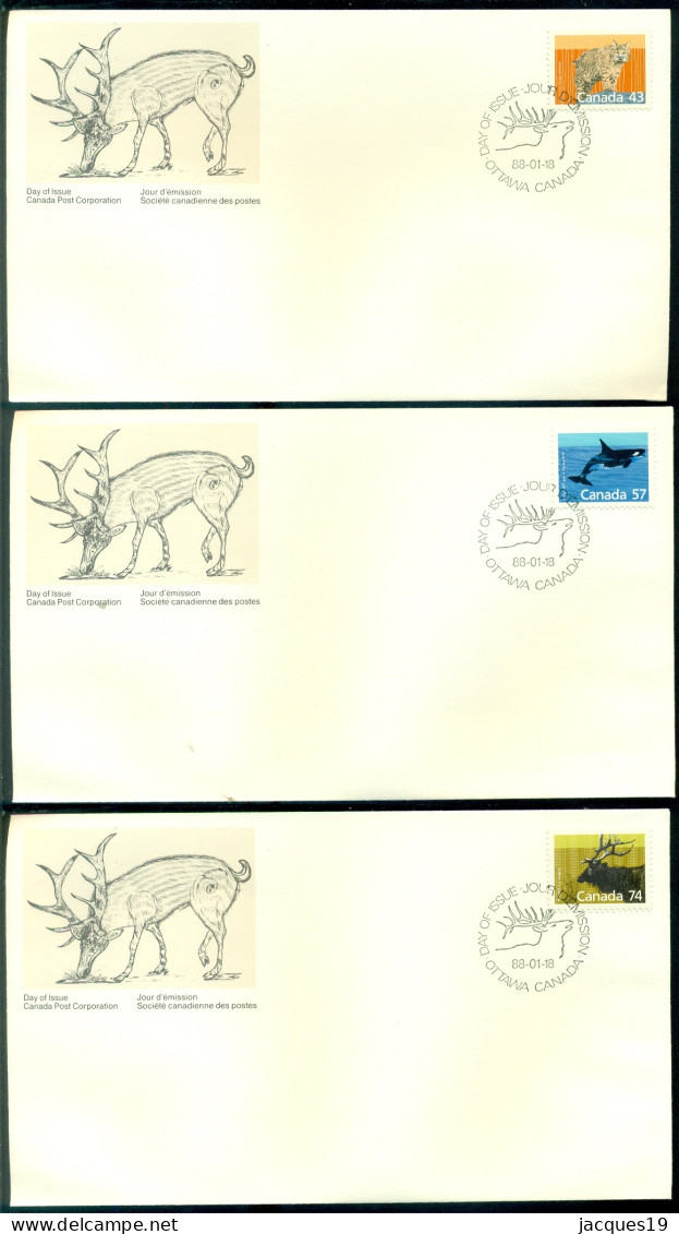 Canada 1988 FDC's (3) Mammals Scott 1170, 1173 And 1177 - 1981-1990