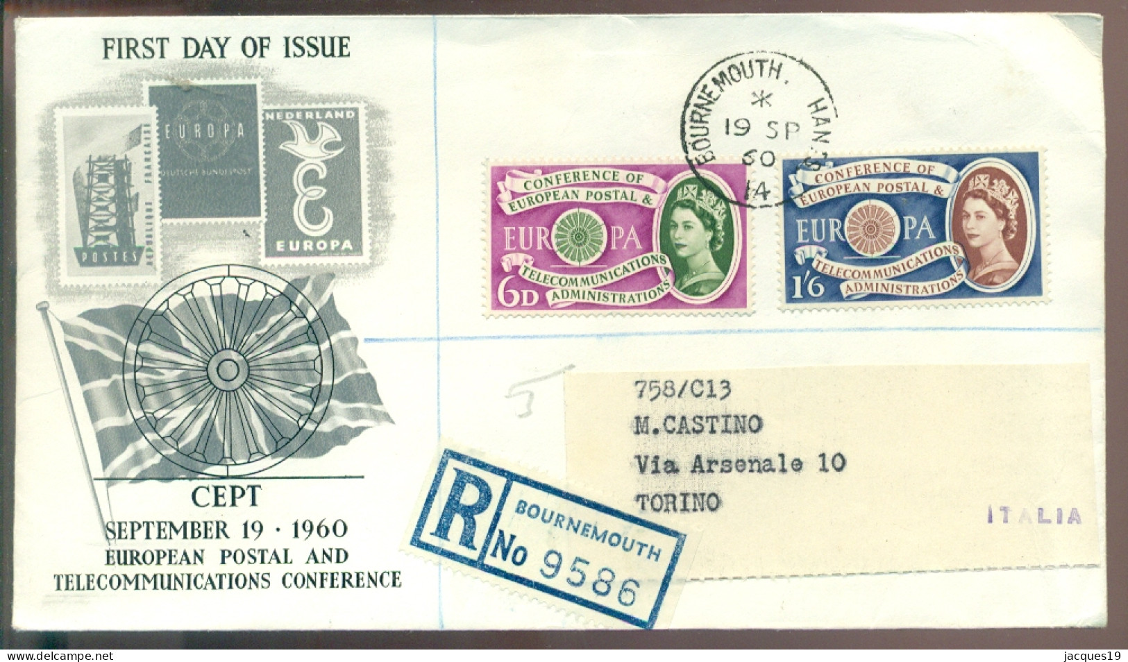 Great Britain 1960 Registeed FDC Europa CEPT From Bournemouth To Torino (Italy) - 1952-1971 Pre-Decimal Issues