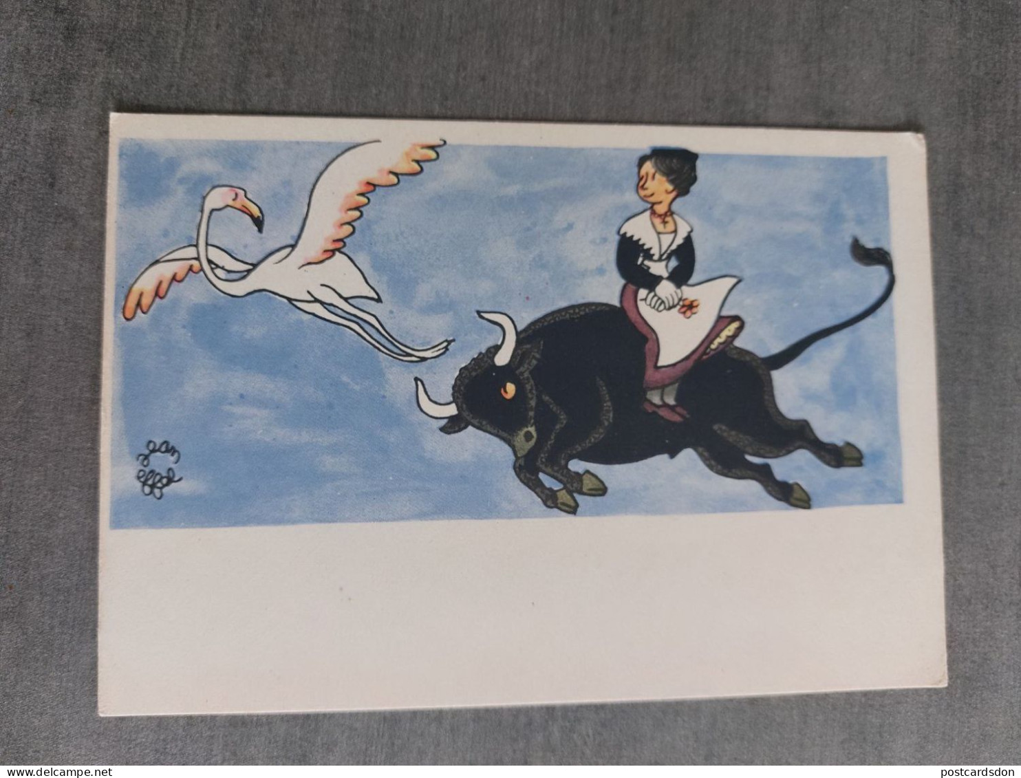 Jean Effel. "Provence"  - Toro / Bull  - Flamingo - Old Postcard - 1962 Satirical - Effel