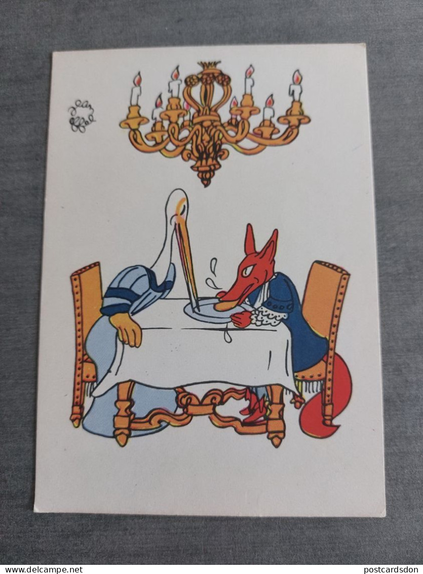 Jean Effel. "Fox And Crane"  - La Fontaine - Old Postcard - 1962 Satirical - Effel