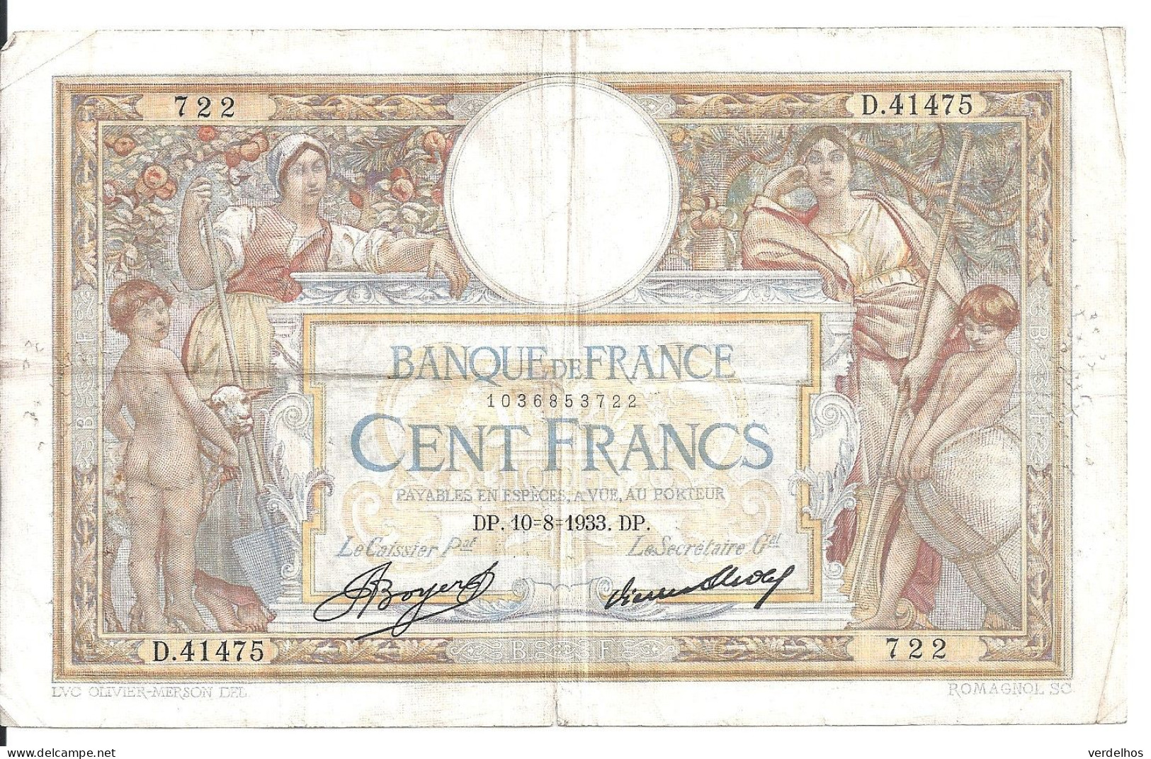 FRANCE 100 FRANCS 1933 VF P 78 C - 100 F 1908-1939 ''Luc Olivier Merson''