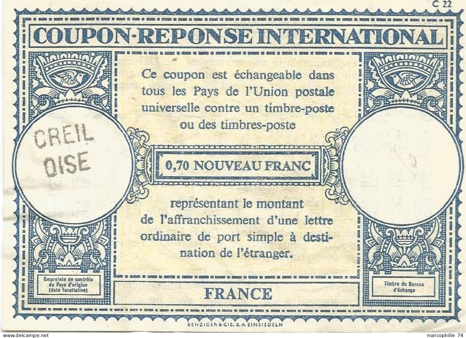 COUPON REPONSE INTERNATIONAL FRANCE 0.70 NOUVEAU FRANC GRIFFE CREIL OISE - Cupón-respuesta