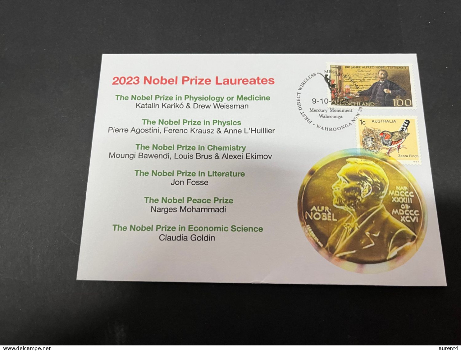 10-10-2023 (3 U 47) Nobel Prize Laureates For 2023 - 1 Cover -  Germany Nobel + OZ Stamp (postmarked 9-10-2022) - Other & Unclassified