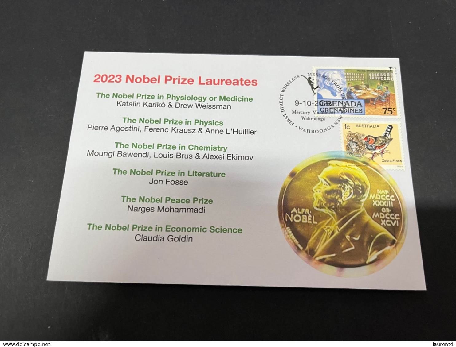 10-10-2023 (3 U 47) Nobel Prize Laureates For 2023 - 1 Cover -  Grenada Nobel + OZ Stamp (postmarked 9-10-2022) - Autres & Non Classés