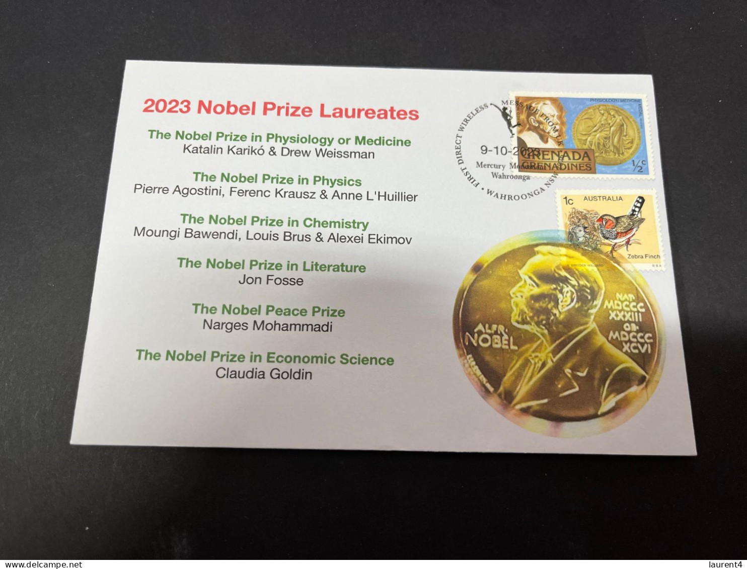 10-10-2023 (3 U 47) Nobel Prize Laureates For 2023 - 1 Cover -  Grenada Nobel + OZ Stamp (postmarked 9-10-2022) - Autres & Non Classés