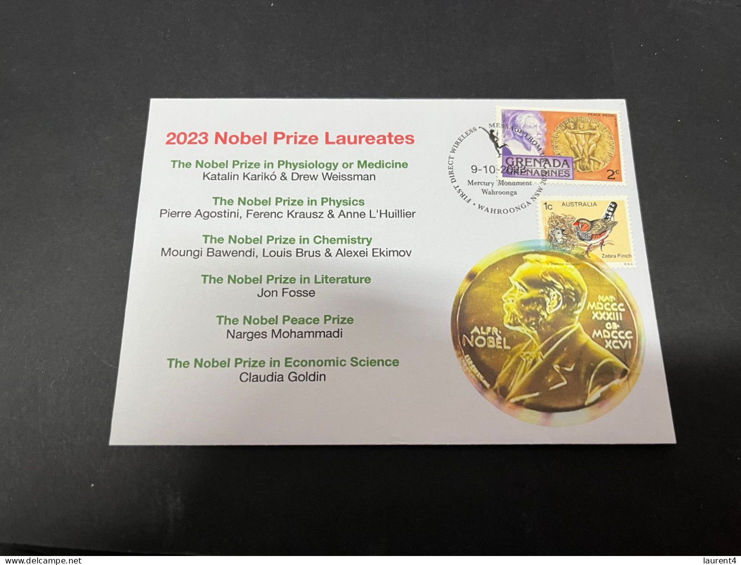 10-10-2023 (3 U 47) Nobel Prize Laureates For 2023 - 1 Cover -  Grenada Nobel + OZ Stamp (postmarked 9-10-2022) - Altri & Non Classificati