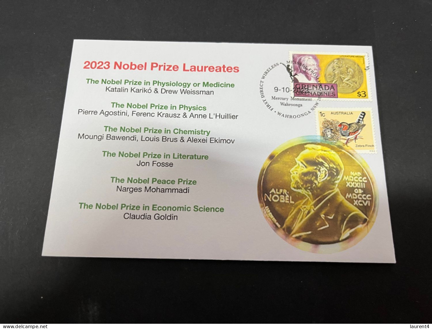 10-10-2023 (3 U 47) Nobel Prize Laureates For 2023 - 1 Cover -  Grenada Nobel + OZ Stamp (postmarked 9-10-2022) - Otros & Sin Clasificación