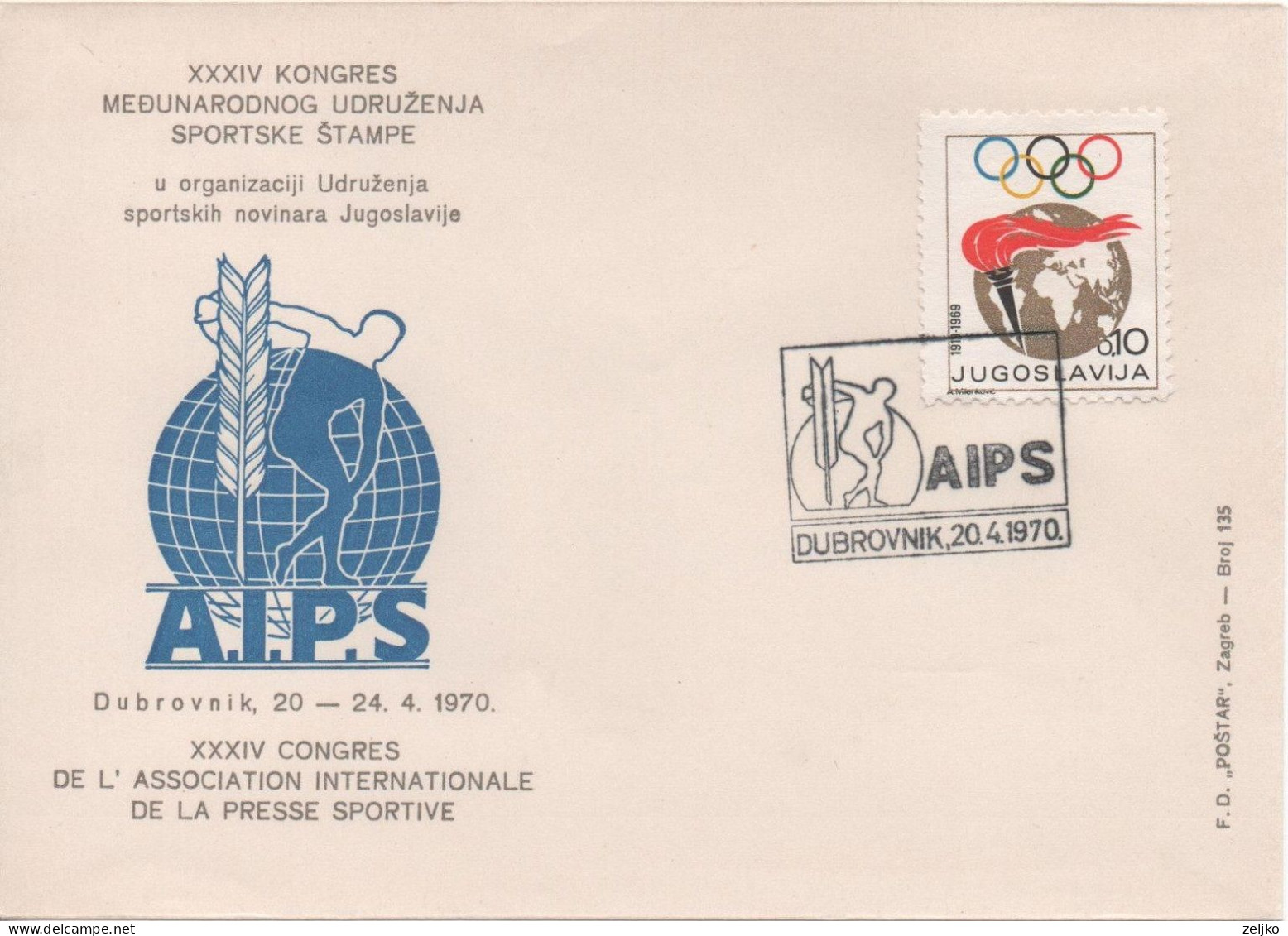 Yugoslavia, Congress Of The International Association Of Sports Press Dubrovnik 1970, AIPS - Storia Postale