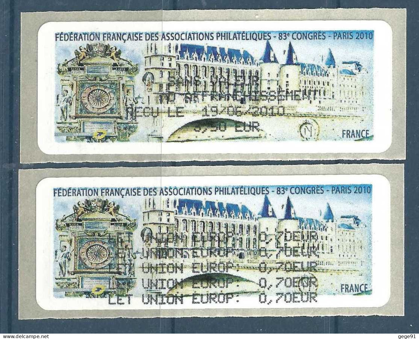 Reçu Sur 2 Vignettes De Ditributeur Lisa - ATM - Lisa - Paris - La Conciergerie - 1999-2009 Geïllustreerde Frankeervignetten