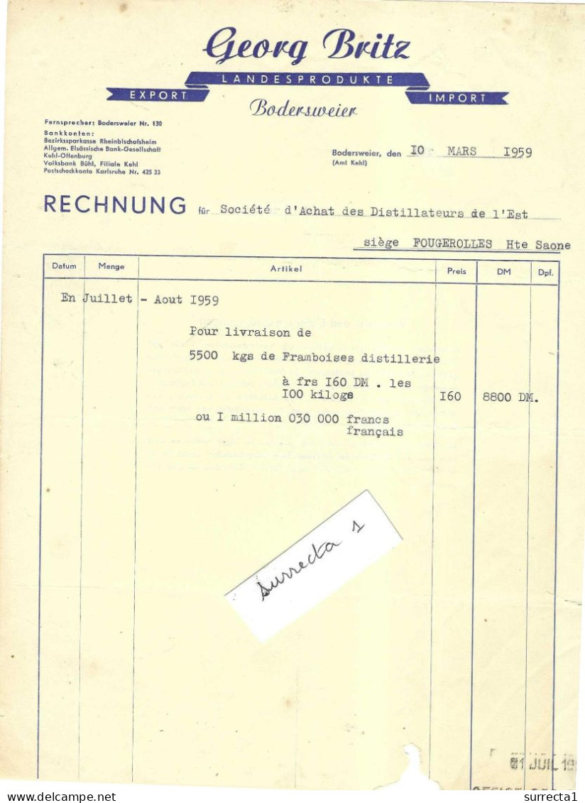 1959 Facture Georg BRITZ / Landesprodukte / Bodersweir Deutschland / Exp Framboises 5500 Kg à Distillerie Fougerolles - 1950 - ...