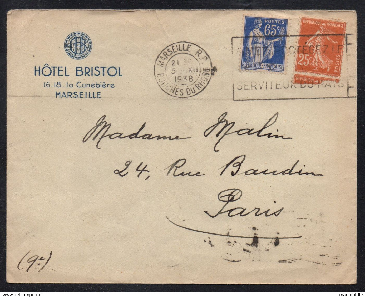 MARSEILLE - HOTEL BRISTOL / 1938 ENVELOPPE A ENTETE POUR PARIS  (ref LE2082) - Hostelería - Horesca