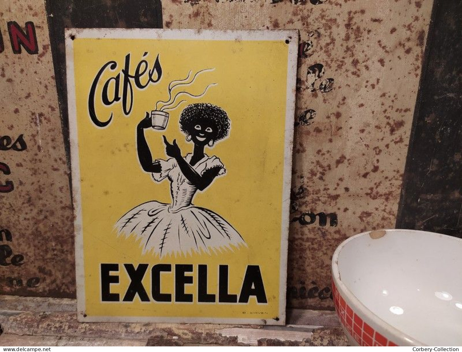Ancienne Plaque Tôle Publicitaire Cafés Excella Imprimeur B. Sirven Ca1930 - Caffè & Tè