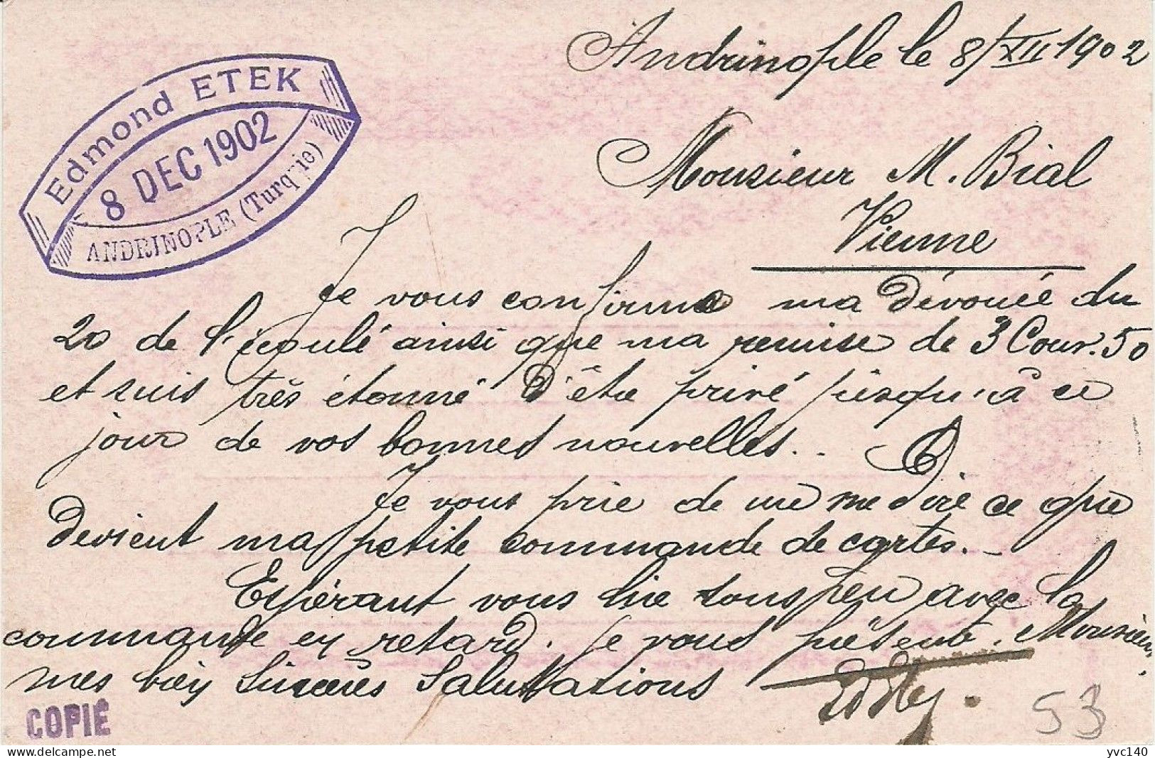 Turkey; 1902 Ottoman Postal Stationery Sent From Andrinople (Edirne) To Vienna - Brieven En Documenten