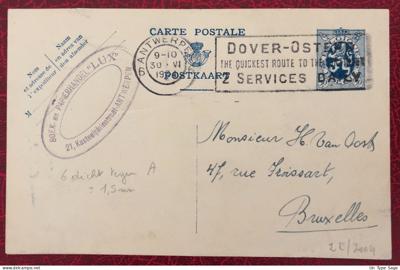 Belgique Entier-Carte, Cachet Antwerpen 30.6.1934 - (C350) - Andere & Zonder Classificatie