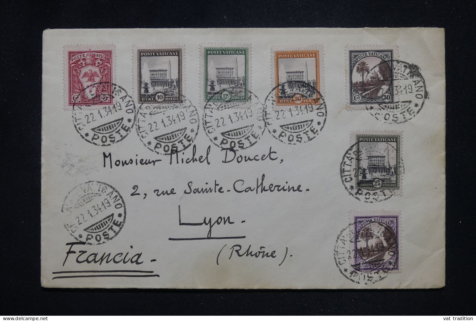 VATICAN  - Affranchissement De 7 Valeurs Sur Enveloppe Pour La France En 1934 - L 147443 - Cartas & Documentos