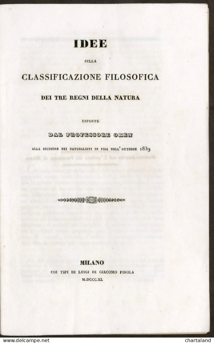 Oken - Idee Sulla Classificazione Filosofica Dei Tre Regni Della Natura - 1840 - Altri & Non Classificati