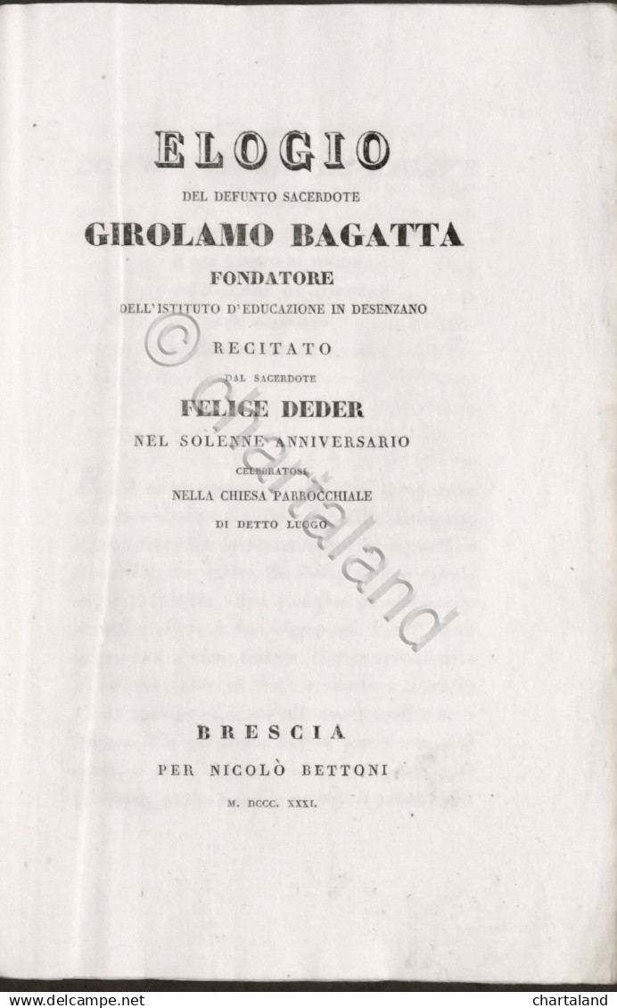 F. Deder - Elogio Del Defunto Sacerdote Girolamo Bagatta - Desenzano - 1831 - Altri & Non Classificati