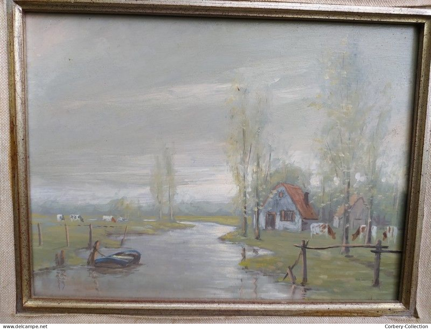 Ancien Tableau Paysage Pastoral Vaches Paissant en Bordure de Rivière signé B. Peters.