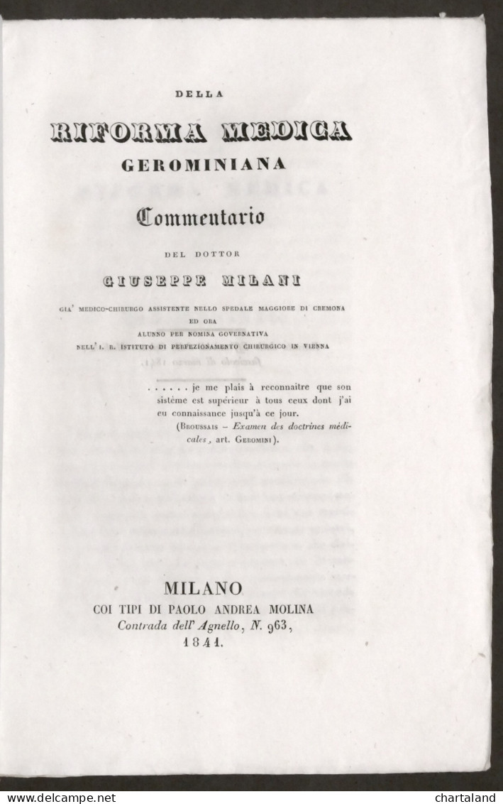 Della Riforma Medica Gerominiana - Commentario Del Dottor G. Milani - 1841 - Altri & Non Classificati