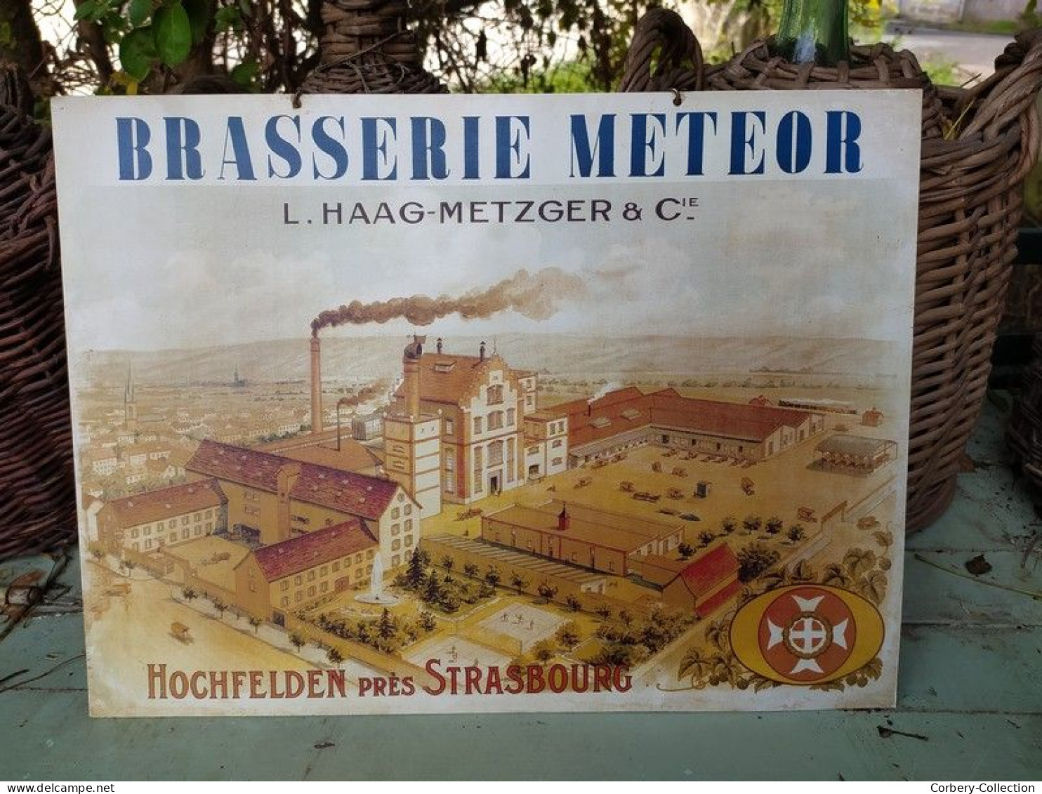 Rare Plaque Tole Publicitaire Bière Brasserie Meteor L. Haag-Metzger & Cie Holchfelden - Plaques En Tôle (après 1960)