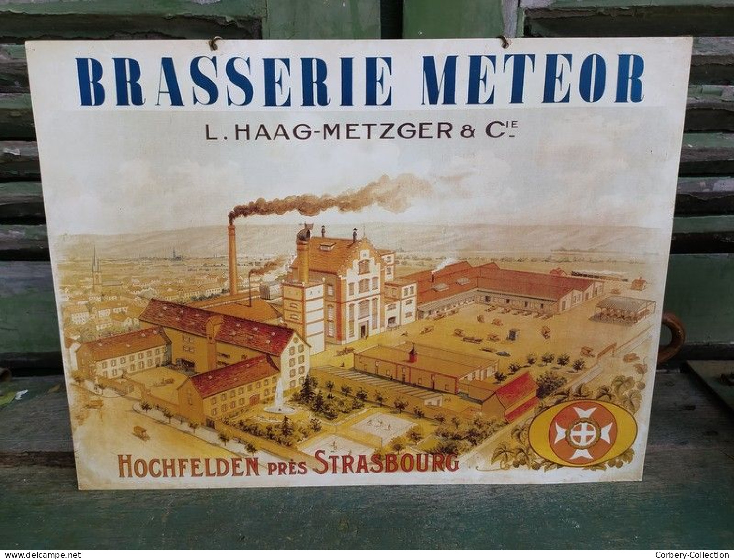 Rare Plaque Tole Publicitaire Bière Brasserie Meteor L. Haag-Metzger & Cie Holchfelden - Plaques En Tôle (après 1960)