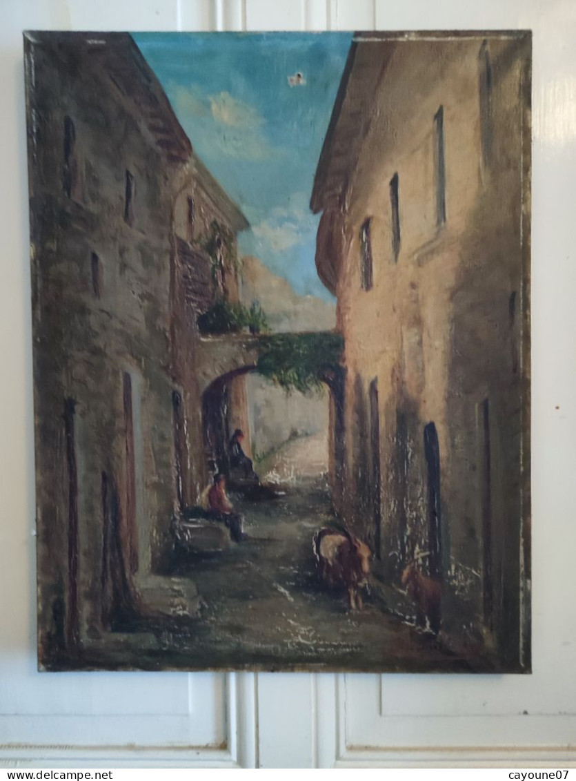 DINO SILVESTRE Huile Sur Toile "Vieille Ruelle Animée De Deux Hommes Assis Et Chèvres" - Oelbilder