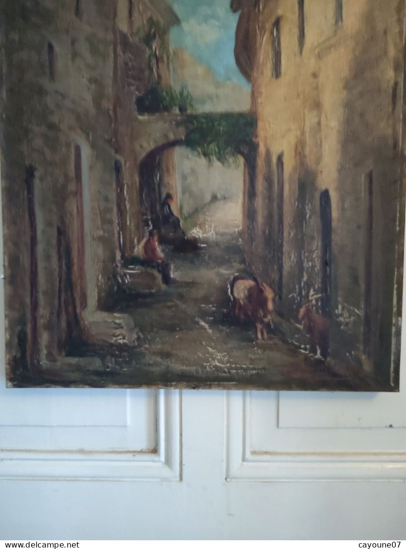 DINO SILVESTRE Huile Sur Toile "Vieille Ruelle Animée De Deux Hommes Assis Et Chèvres" - Oleo