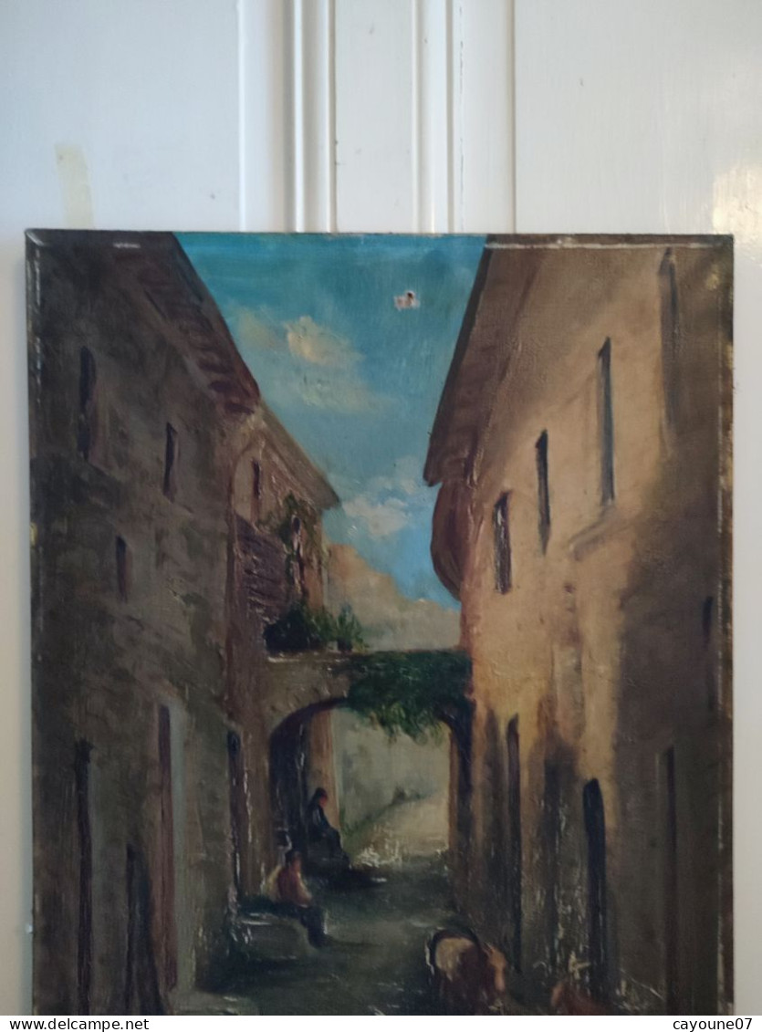 DINO SILVESTRE Huile Sur Toile "Vieille Ruelle Animée De Deux Hommes Assis Et Chèvres" - Oils