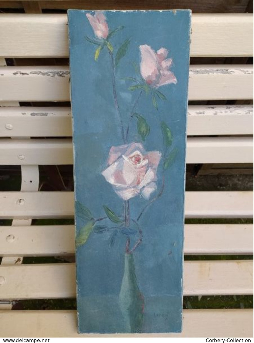 Tableau Huile Sur Toile Bouquet De Roses Sur Fond Bleu Signé Leray - Huiles