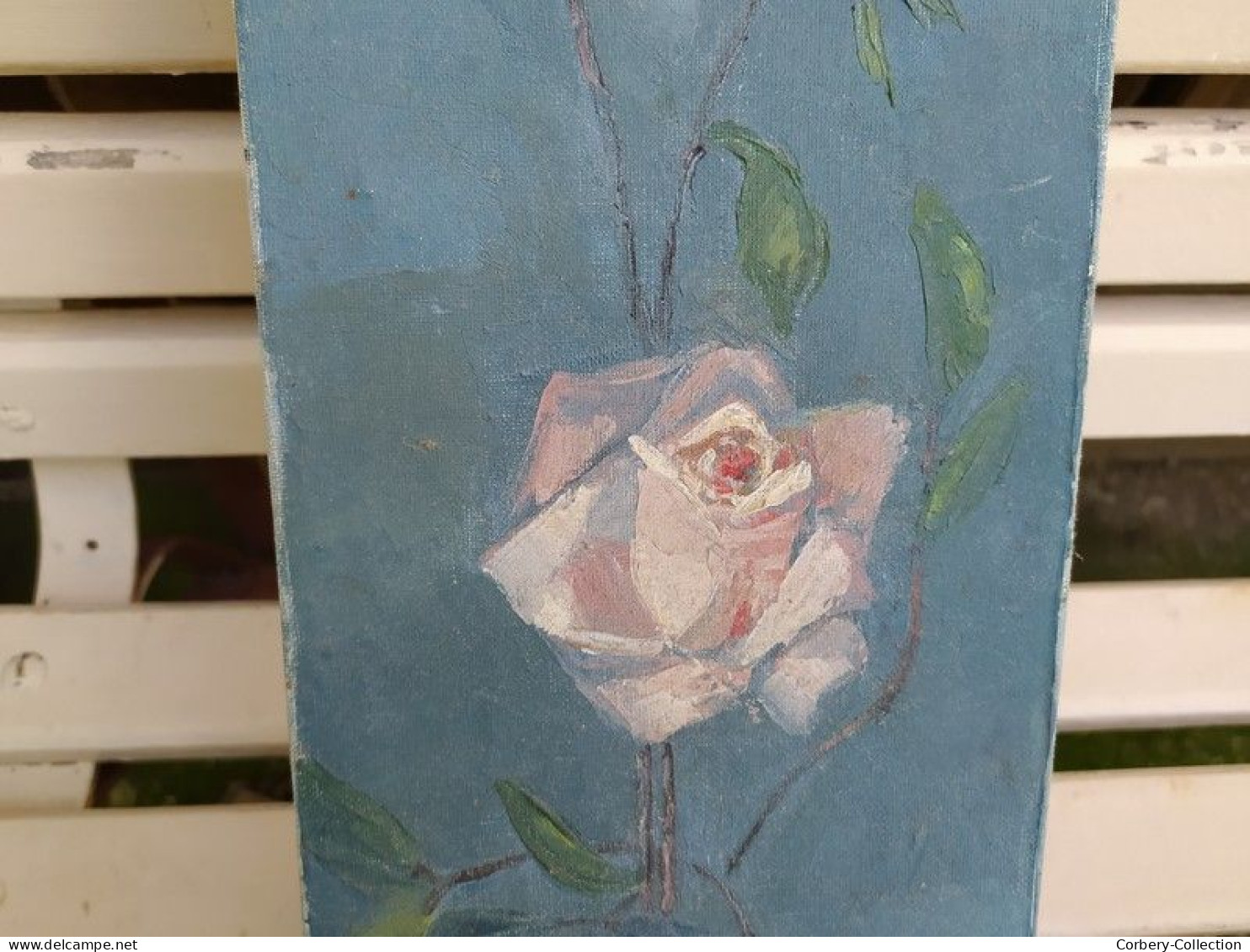 Tableau Huile Sur Toile Bouquet De Roses Sur Fond Bleu Signé Leray - Oelbilder