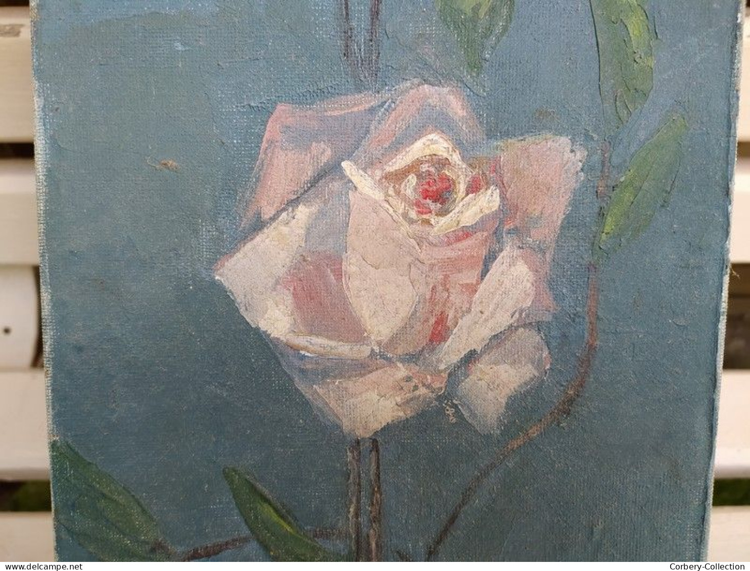 Tableau Huile sur Toile Bouquet de Roses sur Fond Bleu Signé Leray