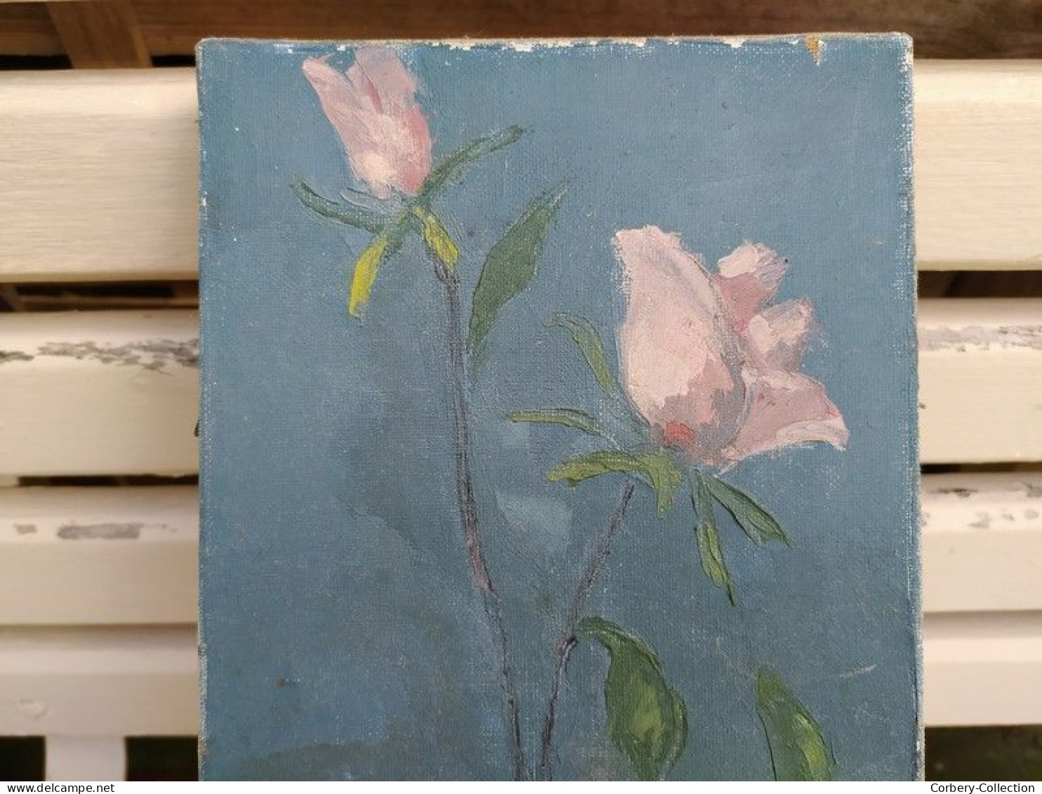 Tableau Huile sur Toile Bouquet de Roses sur Fond Bleu Signé Leray