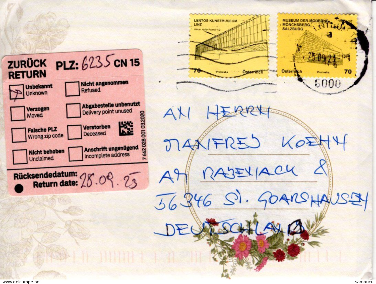 Brief Von 6000 BZ Tirol  Mit 140 DM + Retour Zurück Unbekannt 2023 - Cartas & Documentos