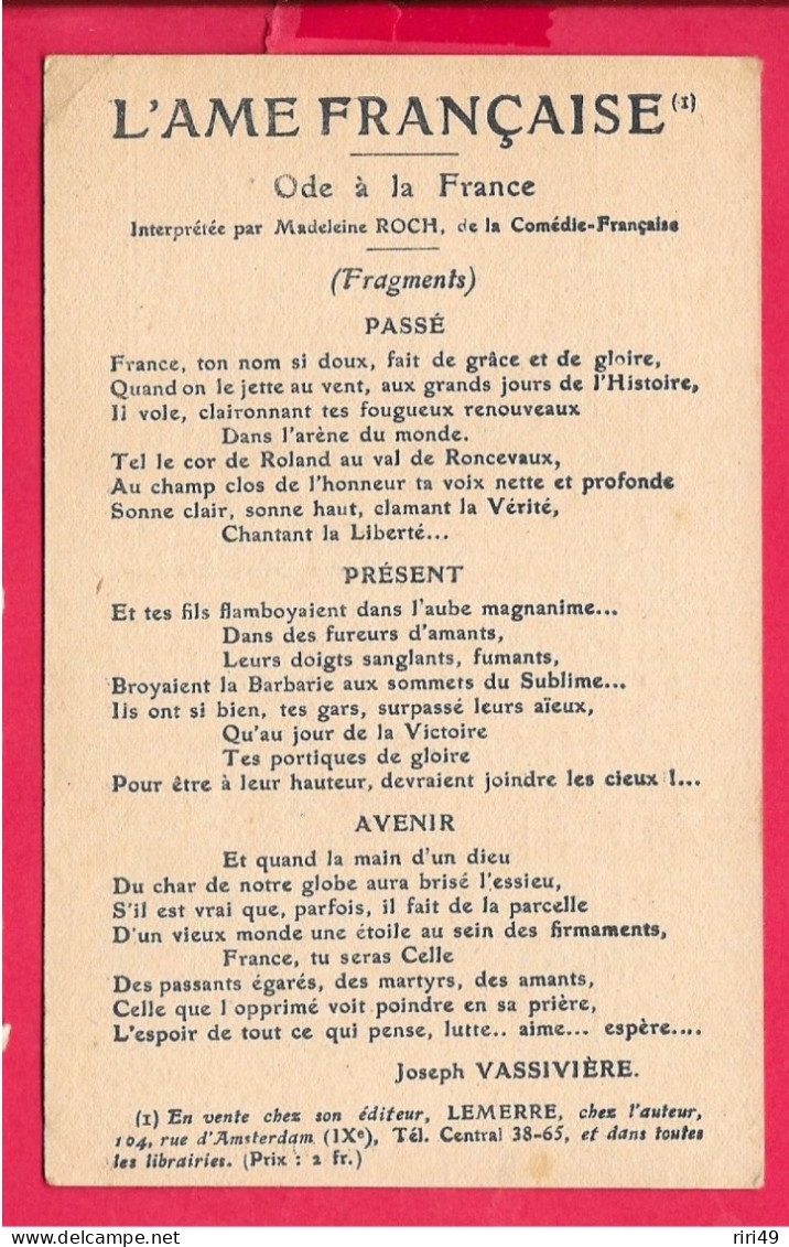 Cpa Militaire L'Ame Française", Ode à La France Interprété Par Madeleine ROCH Comédie Française Joseph Vassivière, Scann - Patrióticos