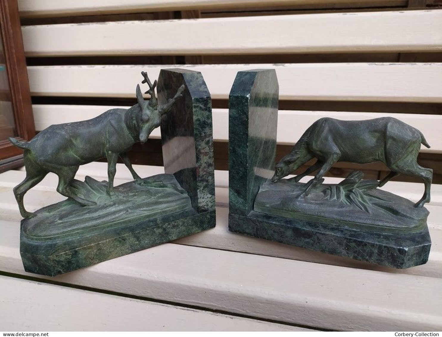 Paire De Serre-Livres Cerf Et Biche Patine Bronze Antique Animal Nature Chasse - Metallo