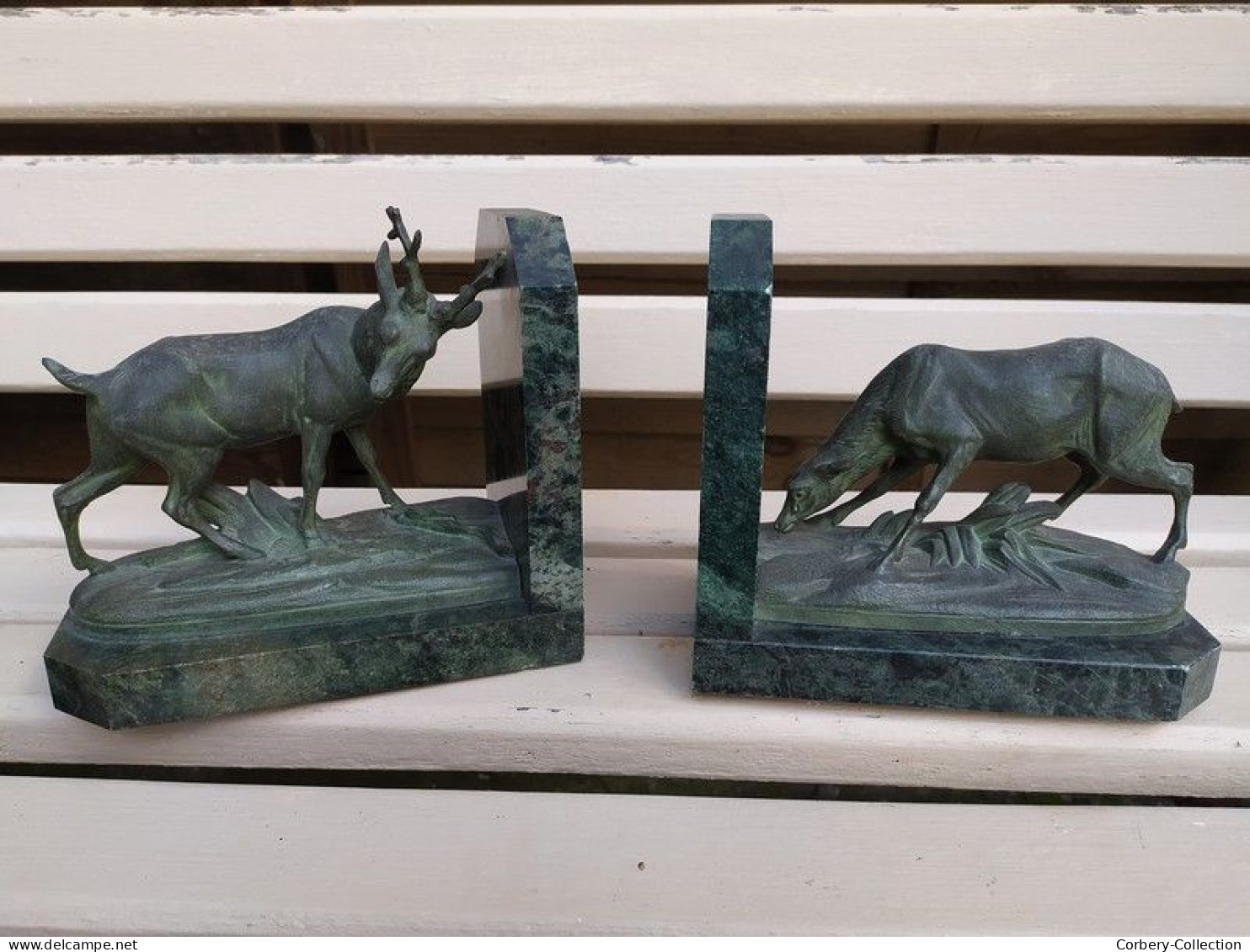 Paire De Serre-Livres Cerf Et Biche Patine Bronze Antique Animal Nature Chasse - Metallo