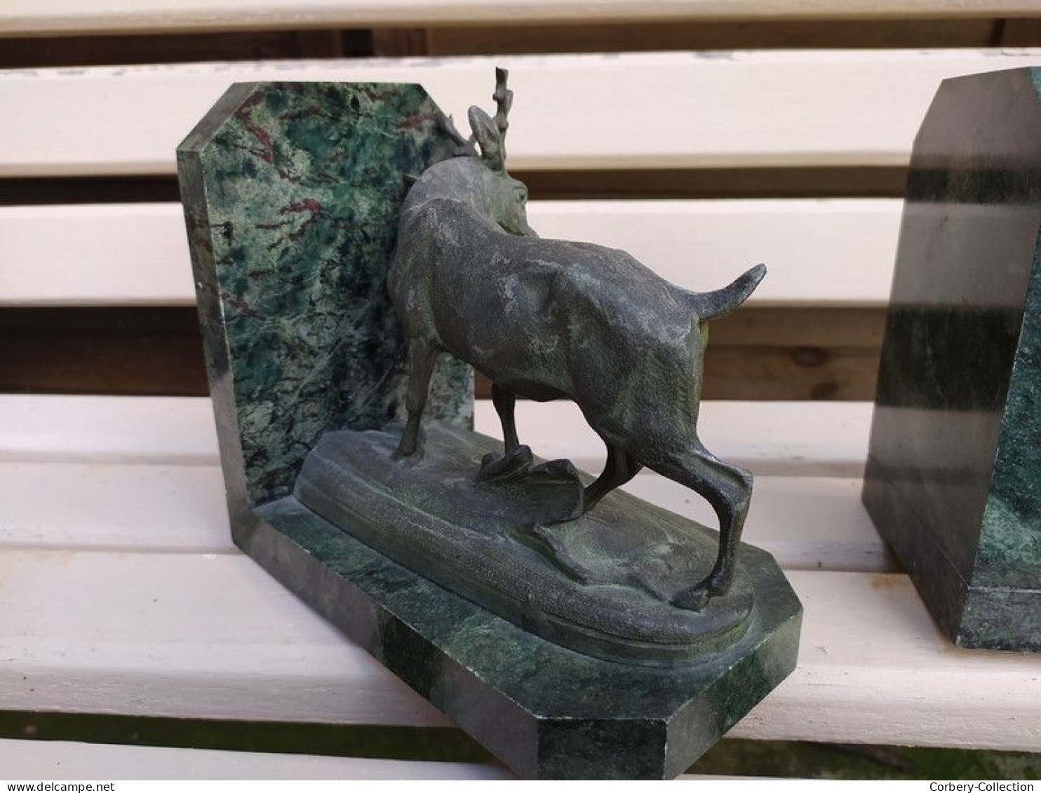 Paire de Serre-Livres Cerf et Biche Patine Bronze Antique Animal Nature Chasse