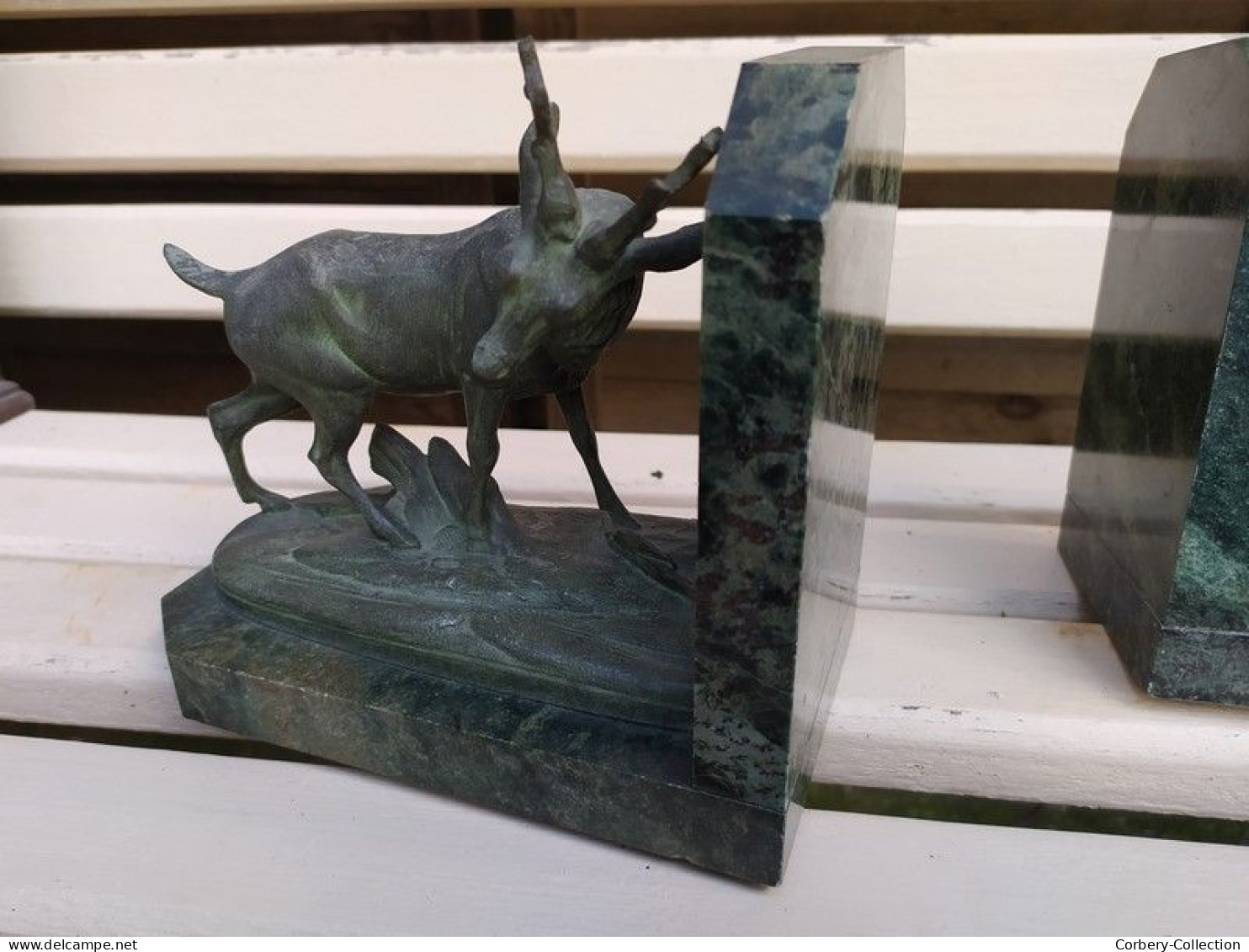 Paire de Serre-Livres Cerf et Biche Patine Bronze Antique Animal Nature Chasse