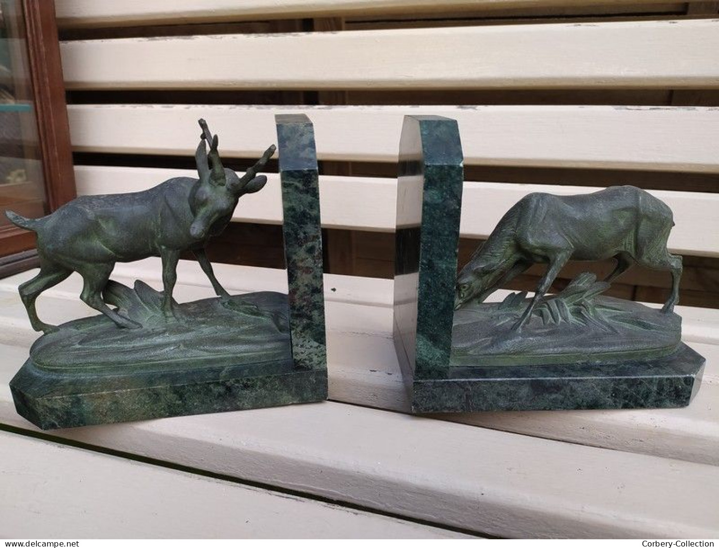 Paire de Serre-Livres Cerf et Biche Patine Bronze Antique Animal Nature Chasse