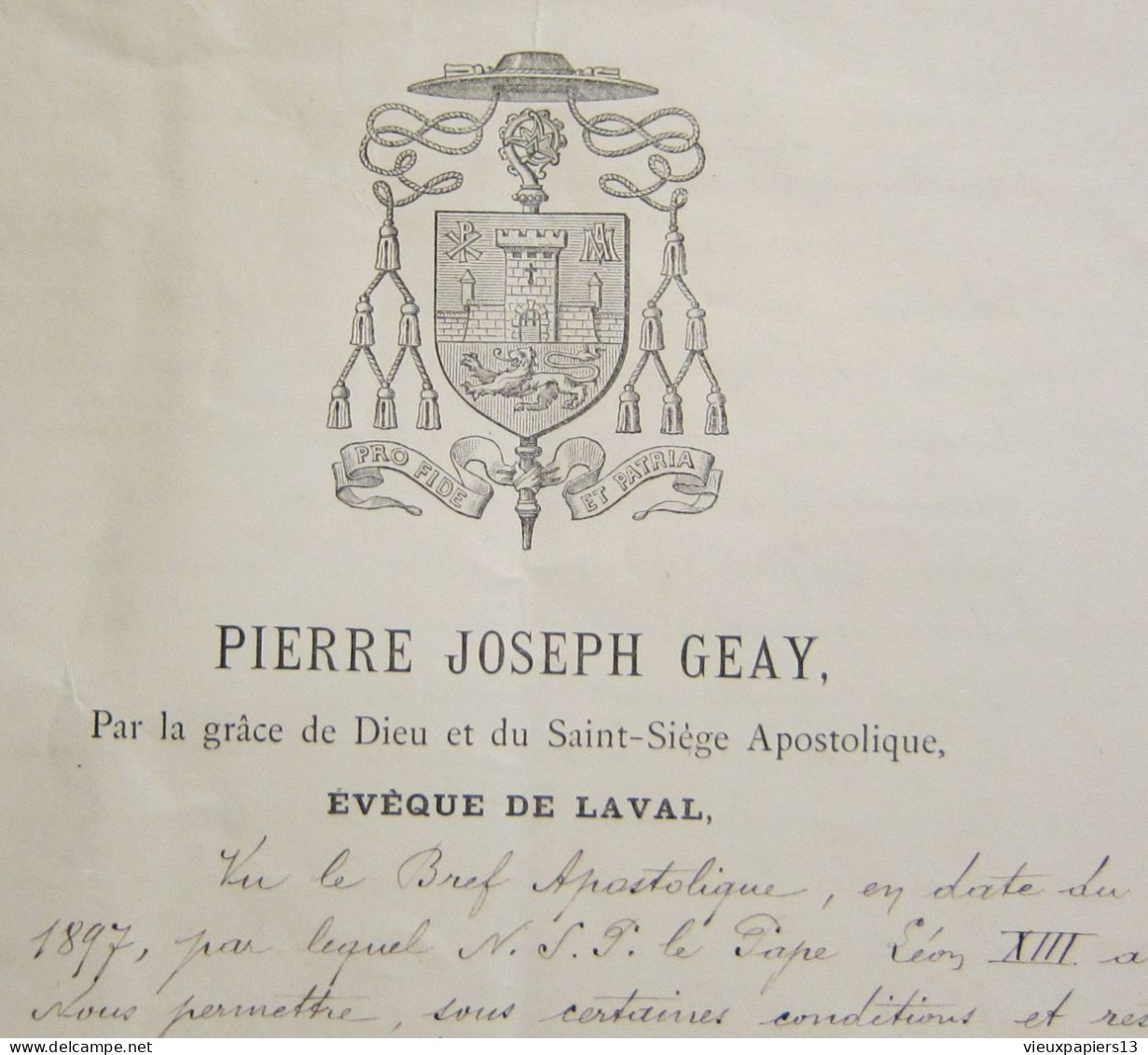 Belle Lettre LAS Pierre Joseph GEAY Evêque De Laval - Indult Oratoire Château De La Barbottière Ahuillé Famille Courte - Historische Personen