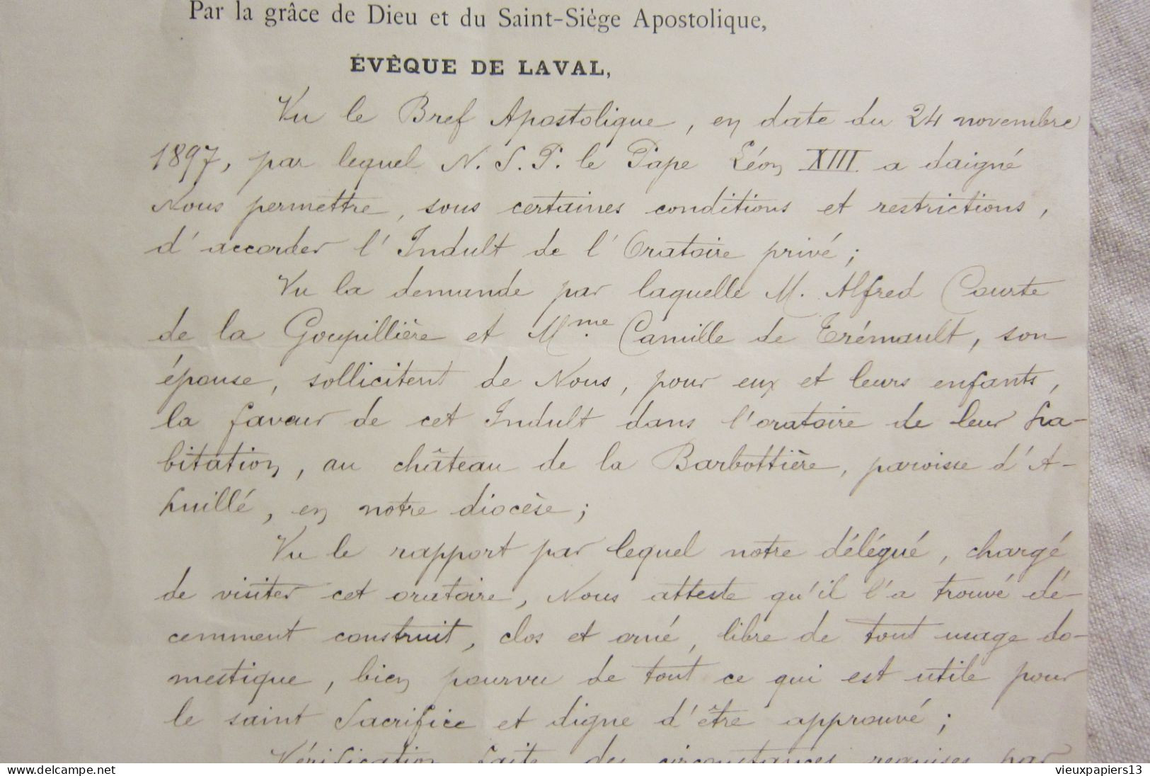 Belle Lettre LAS Pierre Joseph GEAY Evêque De Laval - Indult Oratoire Château De La Barbottière Ahuillé Famille Courte - Personnages Historiques