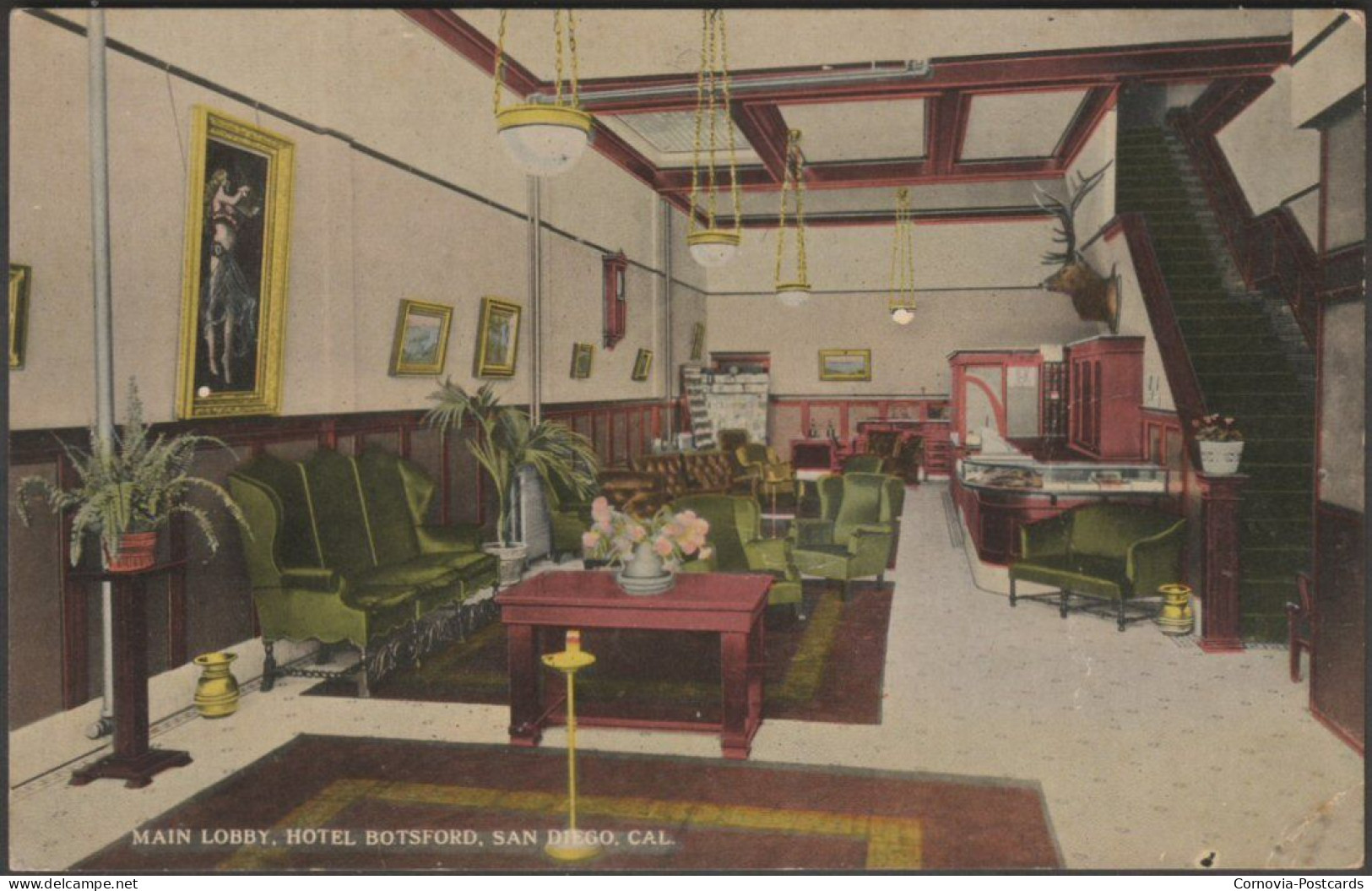 Main Lobby, Hotel Botsford, San Diego, California, 1913 - Eno & Matteson Postcard - San Diego