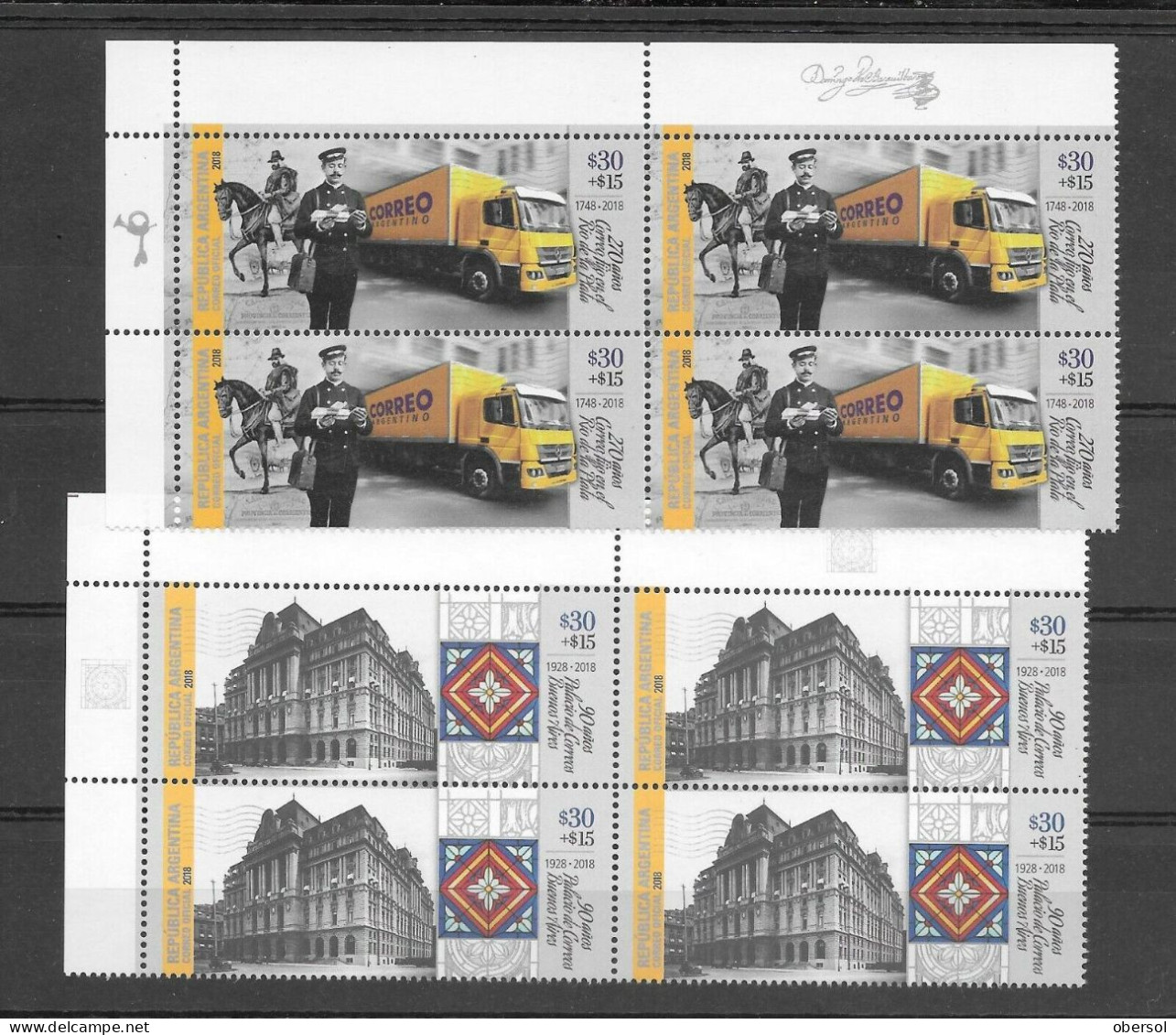 Argentina 2018 Postal Services Postman Anniversary Complete Set In Blocks Of Four MNH - Nuevos