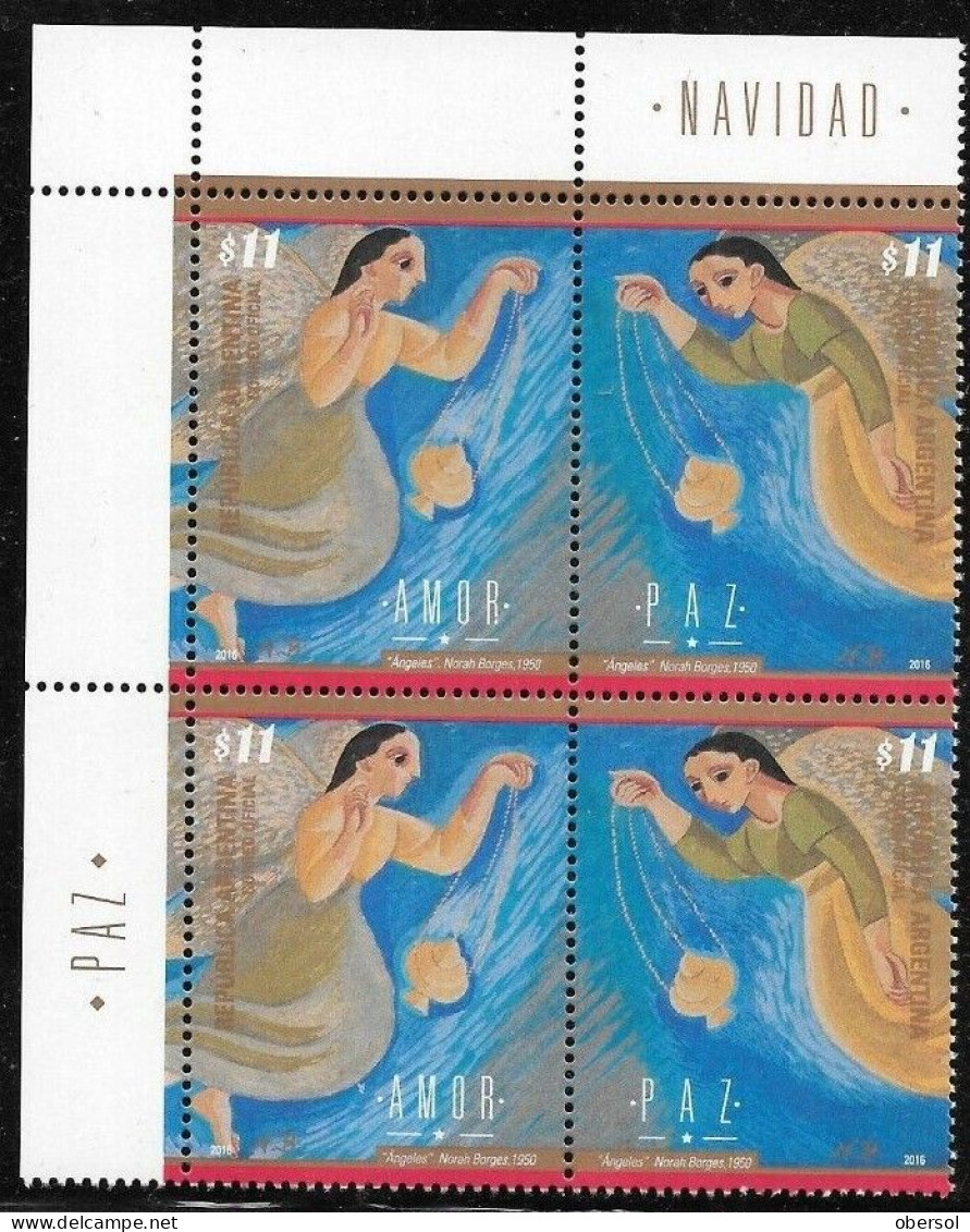 Argentina 2016 Christmas Art Paintings Religion Angels Two Se-Tenant Sets In Block Of Four MNH Page Corner - Neufs