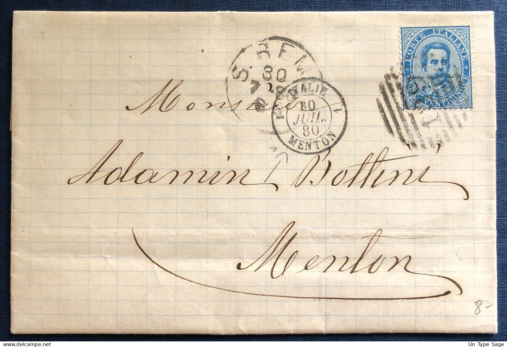 France Lettre De San Remo (Italie), TAD Entrée ITALIE / MENTON 30.7.1880 - (C749) - Entry Postmarks