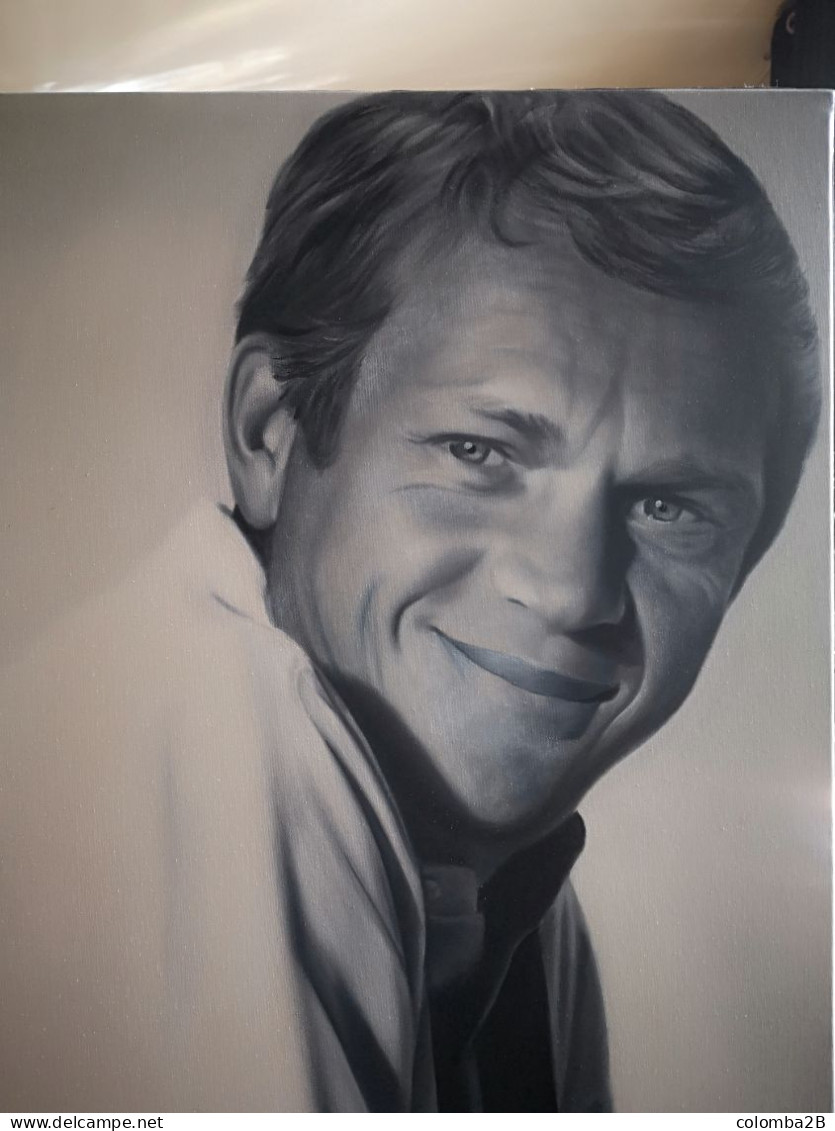 Peinture Huile Sur Toile Portrait De Steeve McQueen Par Claxton 1962 - Huiles