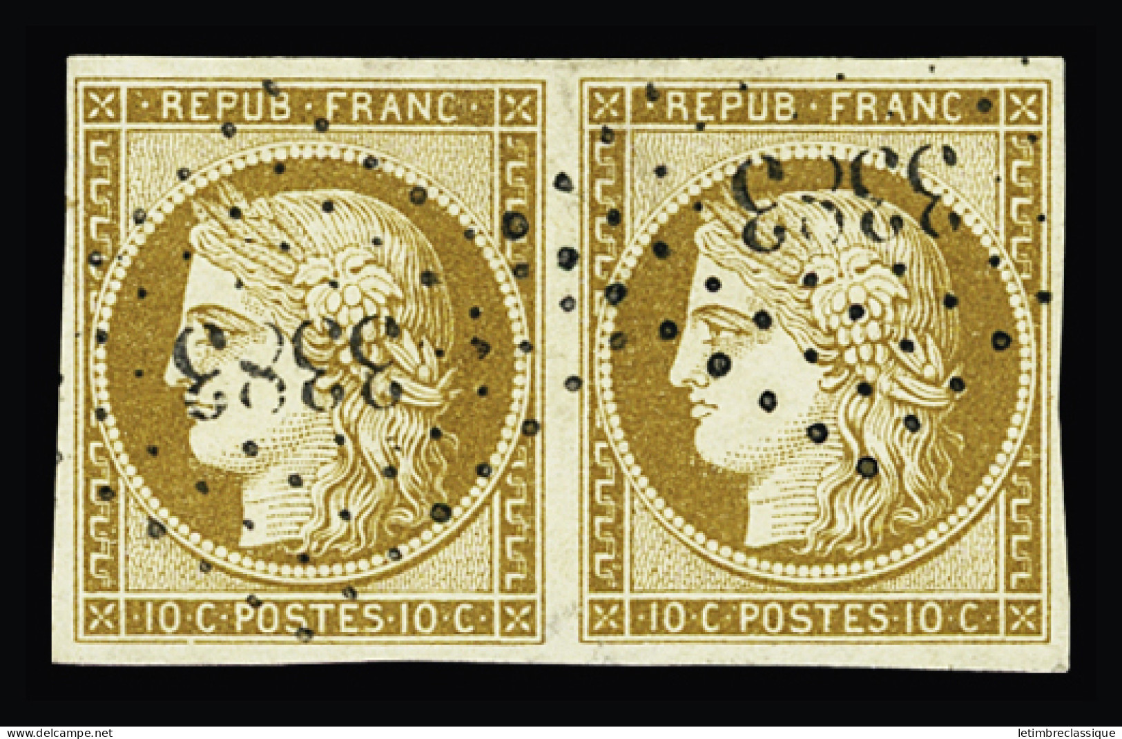 Obl N°1 10c Bistre-jaune En Paire Avec Obl. PC 3383 (Toulouse, Haute-Garonne), TB. Signé A. Brun - 1849-1850 Ceres