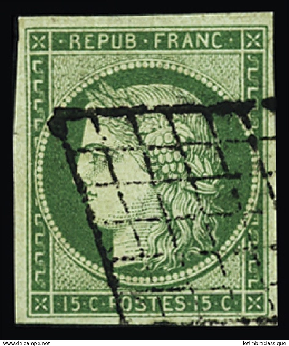 Obl N°2 15c Vert Obl. Grille Avec De Jolies Marges Régulières, Infime Trou D'épingle. Très Beau D'aspect - 1849-1850 Ceres