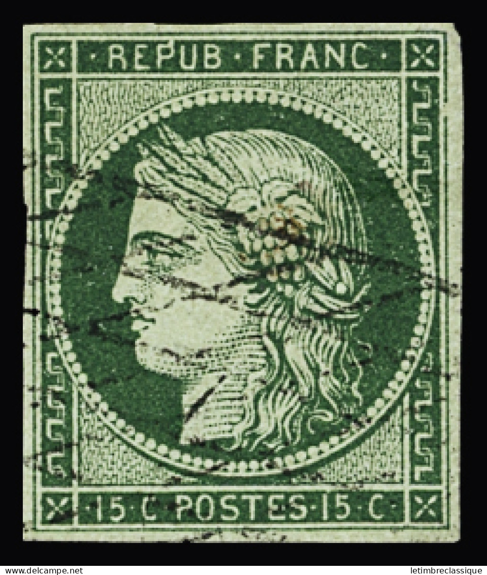 Obl N°2b 15c Vert Foncé, Variété Cadre Brisé, Obl. Grille Sans Fin. TB. Signé Scheller - 1849-1850 Ceres